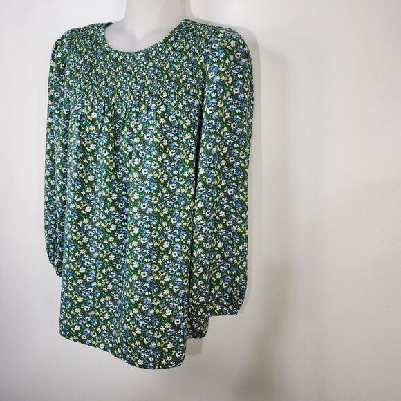 Pleione Women's Top Small Green Floral Smocked Keyhole Neck 3/4 Sleeve Blouse - Picture 5 of 10